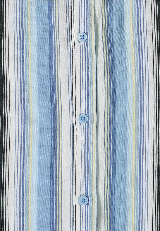 Blau-weiß-gelb gestreiftes Hemd mit Knopfleiste.