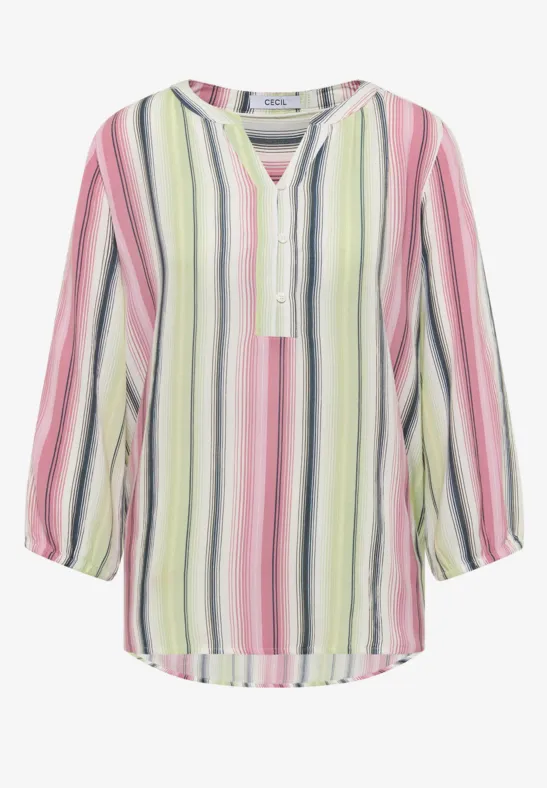 Blouse légère à manches longues, rayures verticales pastel et encolure en V décontractée.