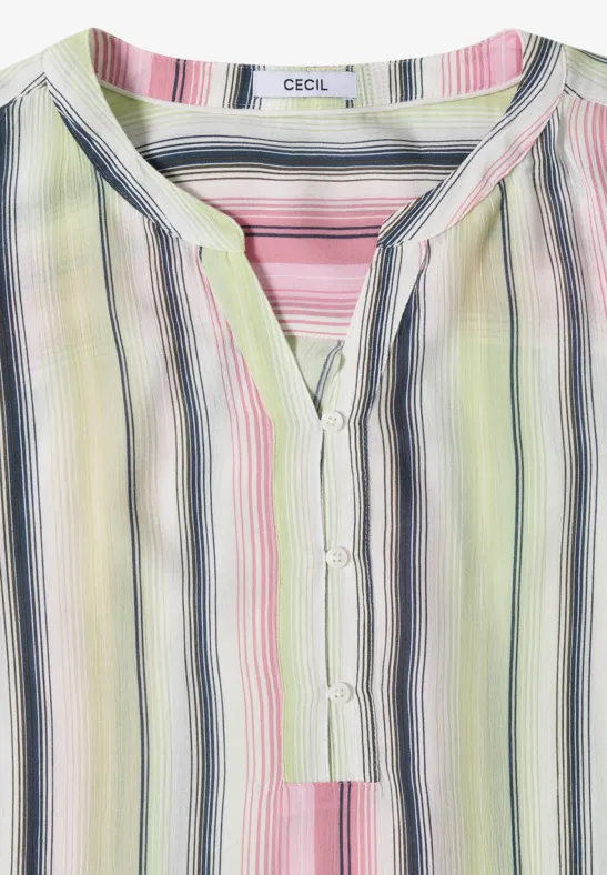 Blouse légère à rayures verticales pastel (vert, rose, violet, noir) avec patte de boutonnage et col rond.