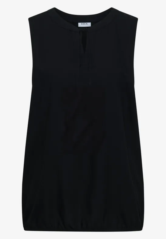 Débardeur noir sans manches à col rond, coupe ample et ourlet élastiqué.
