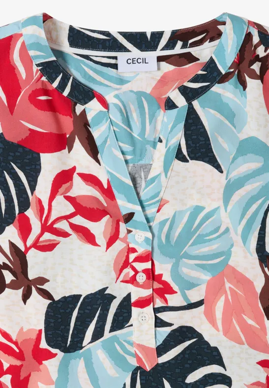 T-shirt coloré à motif tropical de feuilles et fleurs, manches courtes et encolure boutonnée