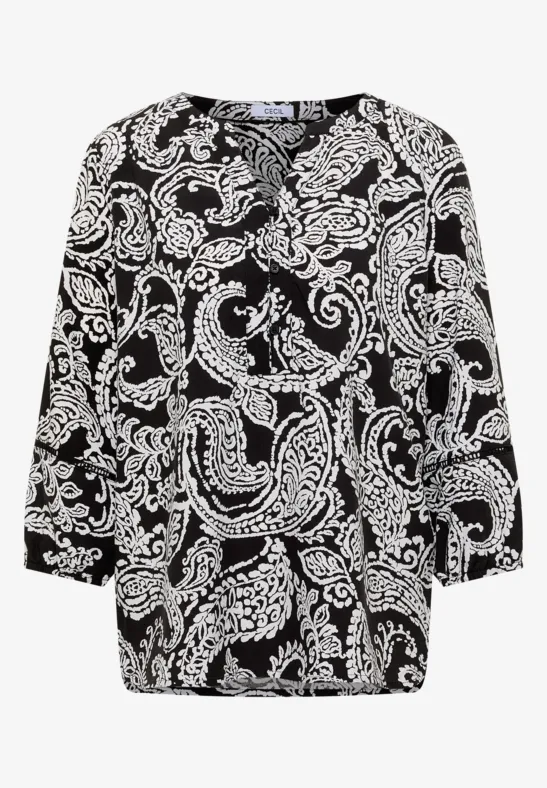 Blouse noire à motifs cachemire blancs et manches 3/4
