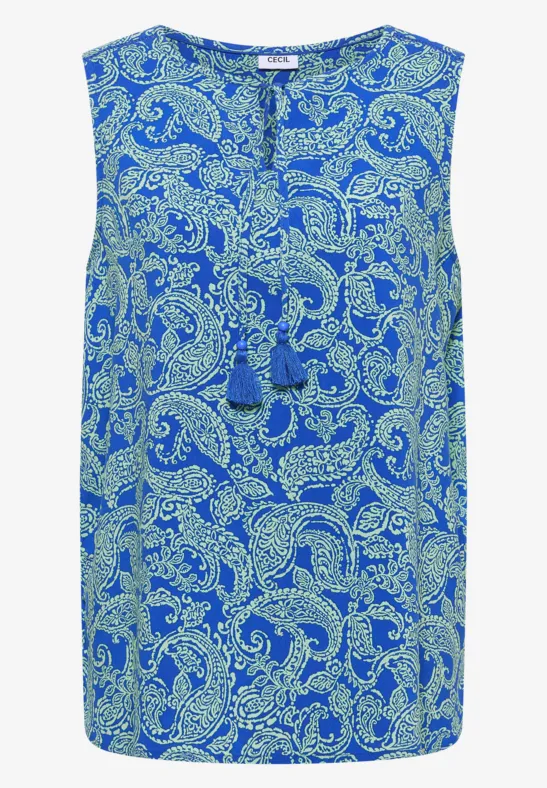 Ärmellose Bluse mit blau-grünem Paisley-Muster und V-Ausschnitt mit Quasten.