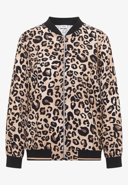 Beige Bomberjacke mit Leomuster und schwarzem Kragen, Bündchen und Saum