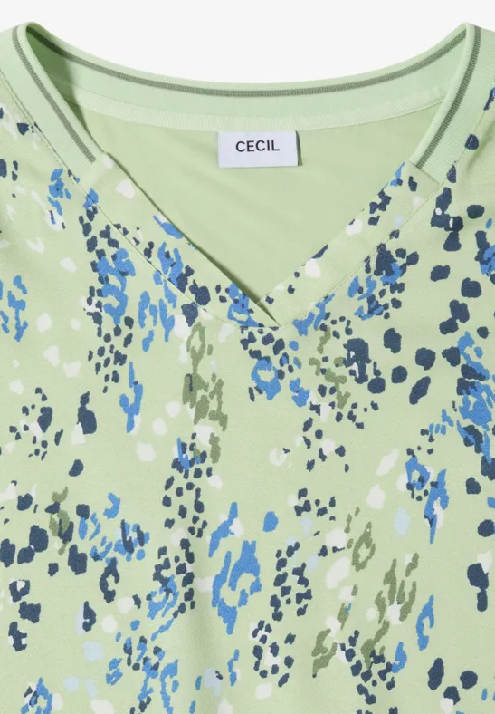 Haut femme vert clair à col V et imprimé abstrait bleu-vert, marque CECIL.