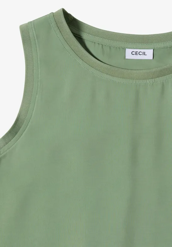 Top féminin sans manches olive, coupe droite avec encolure ronde et petit logo à l’arrière.
