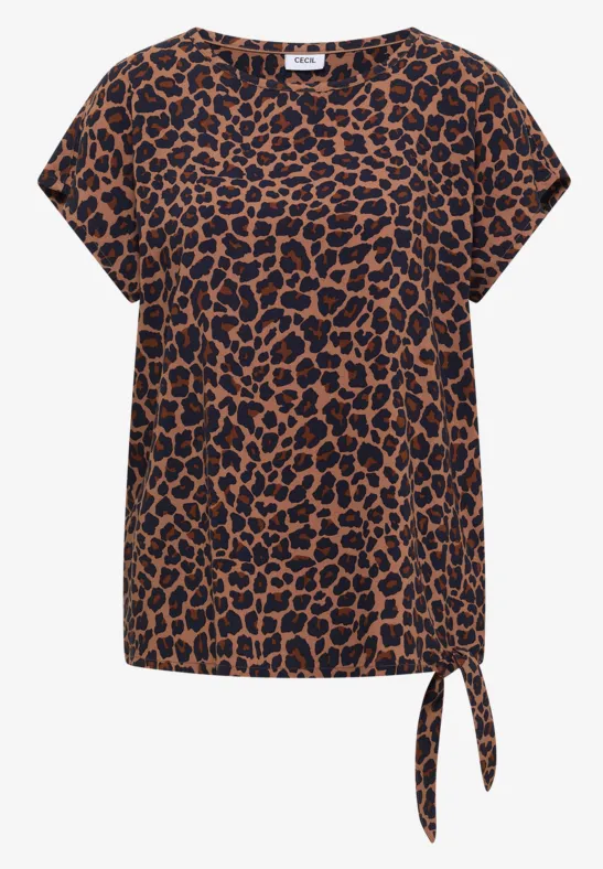 T-shirt femme manches courtes motif léopard marron-noir avec nœud latéral