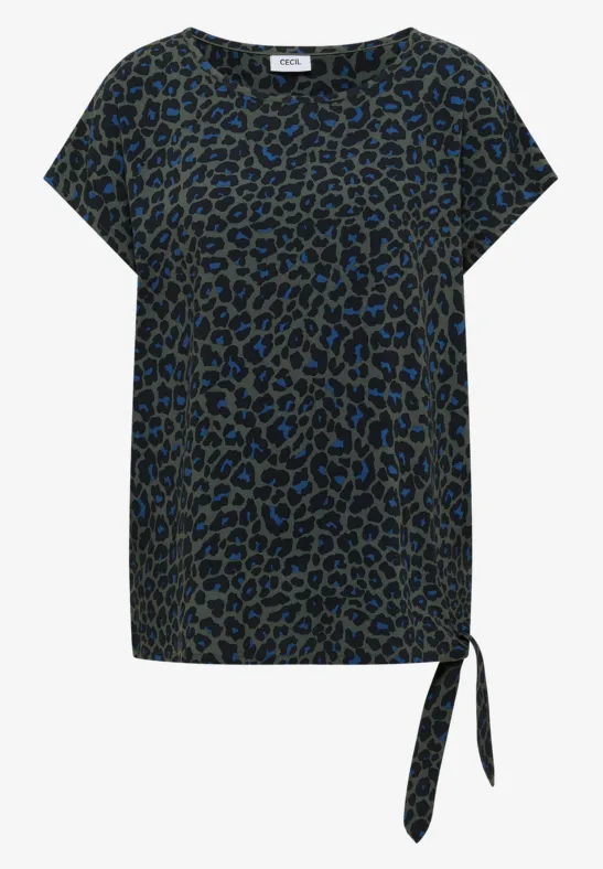 T-shirt femme à manches courtes motif léopard avec lien noué sur le côté.