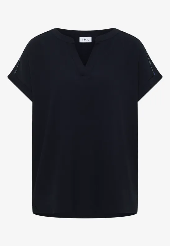Schwarzes, kurzärmeliges Damen-Shirt mit V-Ausschnitt und lockerer Passform