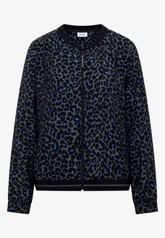 Schwarze Bomberjacke mit blauem Leopardenmuster, Knopfleiste und Rippbündchen an Kragen, Ärmeln und Saum