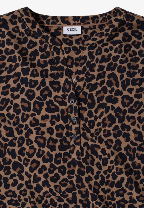 Chemisier marron à motif léopard noir, pli gousset devant, marque CECIL