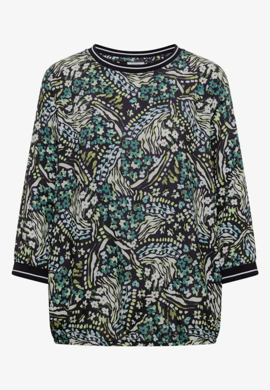Damenbluse mit buntem Blumen- und Vogelprint, 3/4-Ärmel, Kontraststreifen an Bündchen und Kragen.