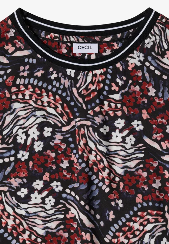 T-shirt femme CECIL noir à nœud, imprimé à fleurs rouges, blanches et zébrées bleu.