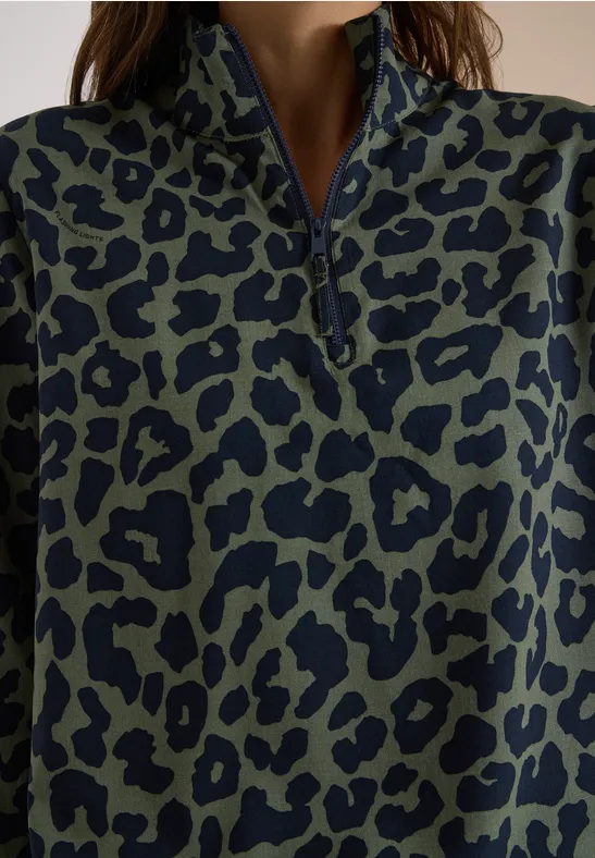 Pull femme olive à motifs léopard bleu foncé avec fermeture éclair au col