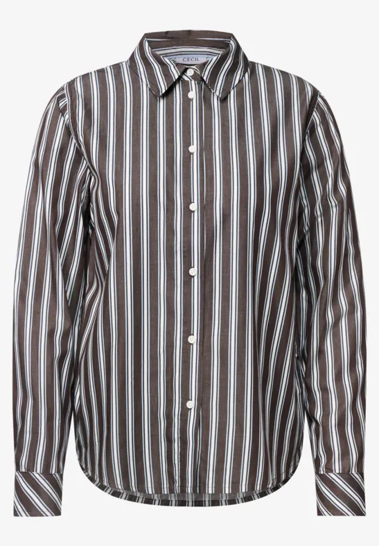 Chemise homme à manches longues avec rayures verticales marron et blanches et patte de boutonnage.