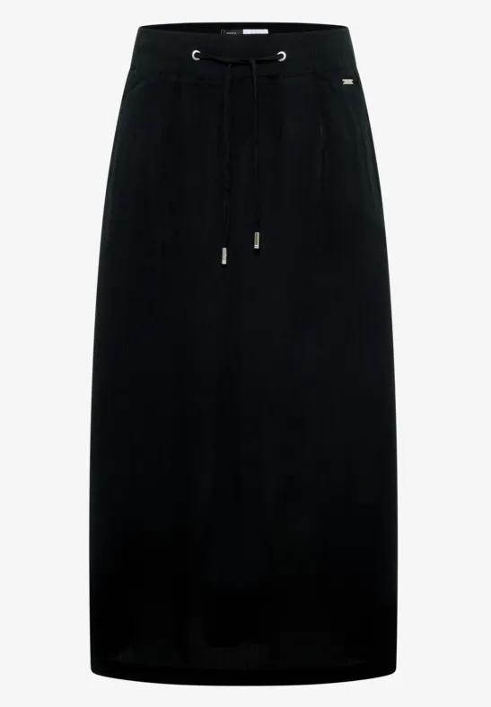 Jupe longue noire avec cordon de serrage à la taille et coupe droite.