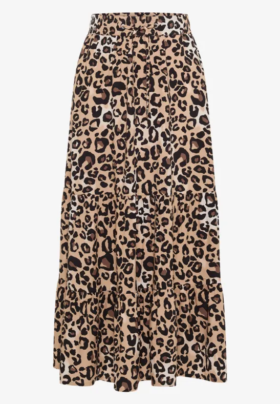 Jupe midi beige à motif léopard noir avec volants en cascades