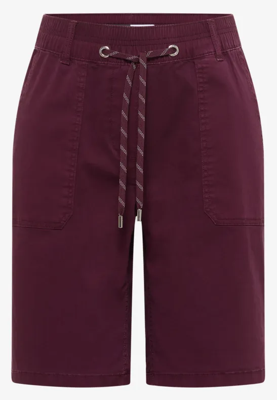 Bordeauxrote Bermudashorts aus Baumwolle mit elastischem Bund, Kordelzug und aufgesetzten Taschen.