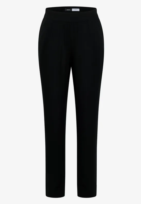 Schwarze, gerade geschnittene Hose mit elastischem Bund.