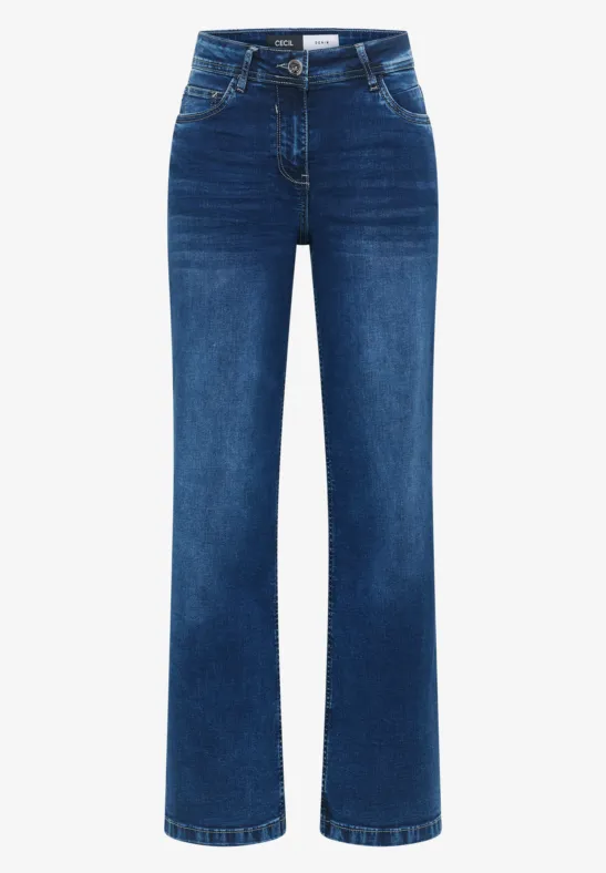 Dunkelblaue Jeans mit geradem oder leicht ausgestelltem Bein und klassischem 5-Pocket-Design.
