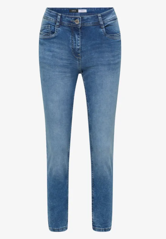 Slim fit damesjeans van blauw denim, five-pocket ontwerp, knoop- en ritssluiting, enkellang.