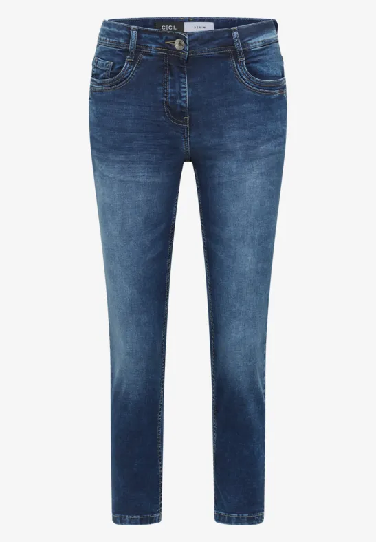 Jean skinny bleu foncé à cinq poches.