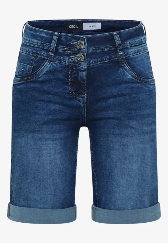 Short en jean bleu foncé avec ourlets retournés, taille haute, fermeture à deux boutons et poches.