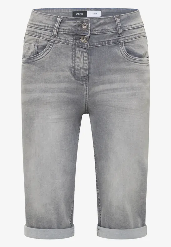 Graue, knielange Jeans-Shorts mit Umschlag, fünf Taschen, Gürtelschlaufen, Knopf- und Reißverschluss.