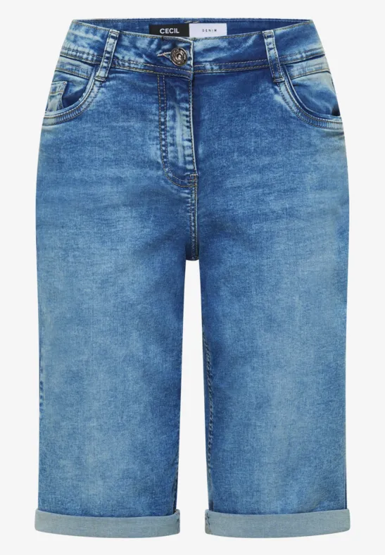 Jeans-Shorts in Blau mit umgekrempelten Beinen, geradem Schnitt und Five-Pocket-Stil