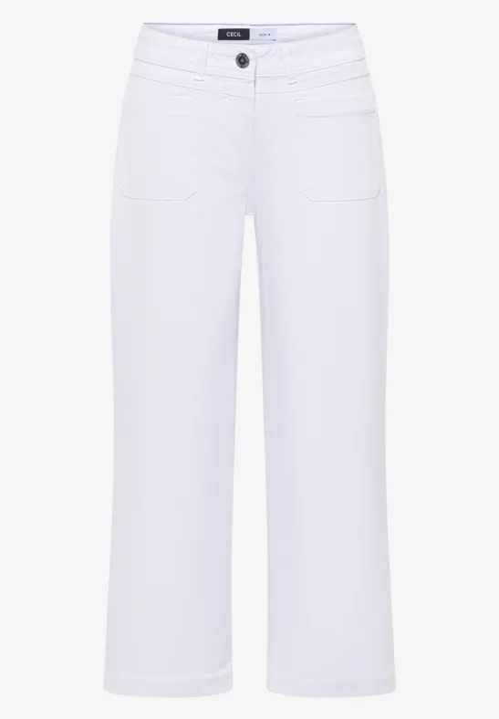 Pantalon culotte blanc pour femme, coupe large en denim avec poches et braguette boutonnée.