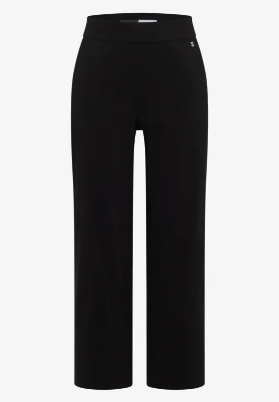 Schwarze, gerade geschnittene Damenhose mit hohem Bund und weitem Bein.