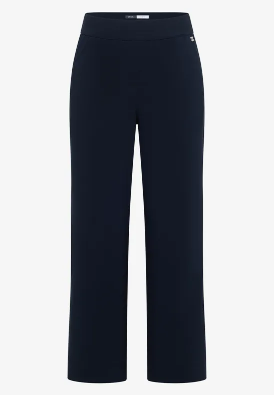 Schwarze, hochgeschnittene, weite Damenhose mit geradem Beinverlauf, bequemer Passform.