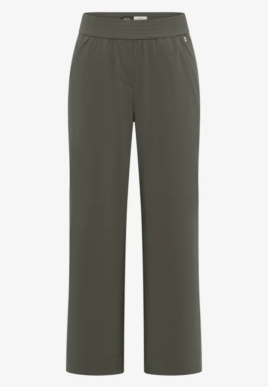 Dunkelgraue, gerade geschnittene Freizeithose mit elastischem Bund und seitlichen Eingrifftaschen.