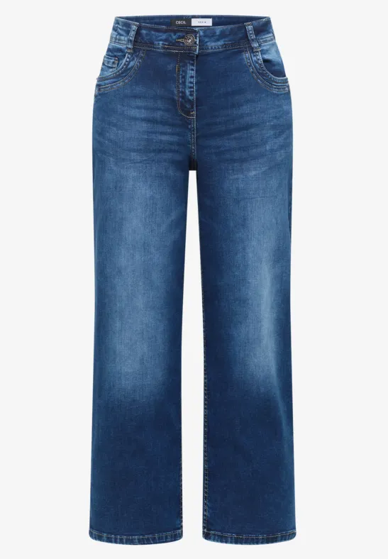 Ein Paar blaue Jeans mit weitem Bein und dezenter Auswaschung.