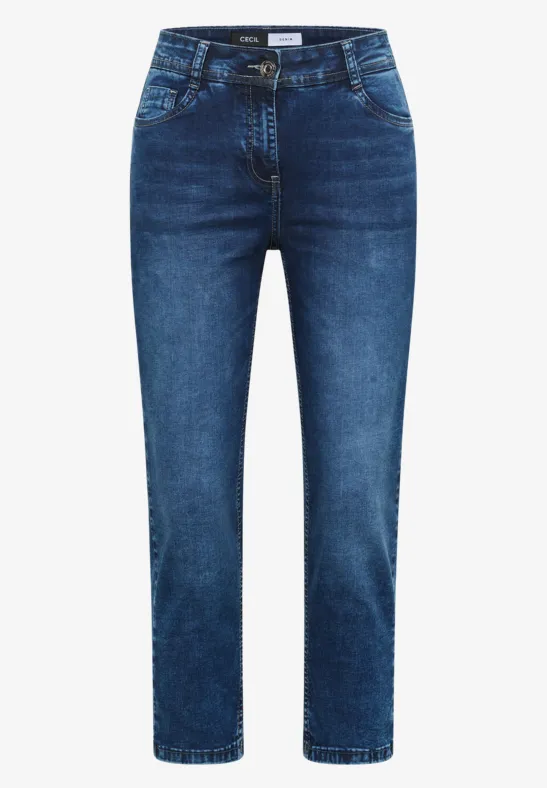 Dunkelblaue Jeans mit geradem Schnitt und klassischer fünf Taschen-Optik.