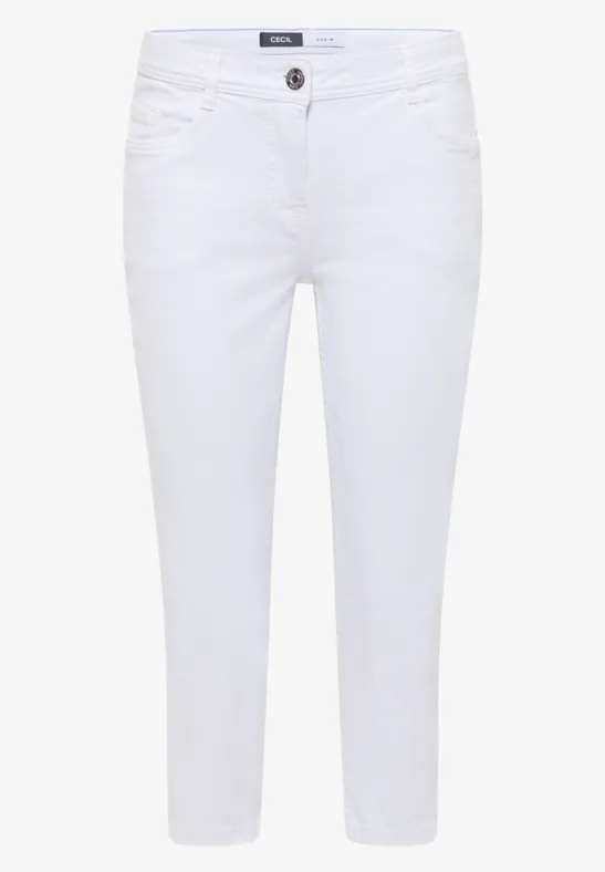 Weiße Capri-Jeans mit schmalem Schnitt, Knopfverschluss und 5 Taschen.