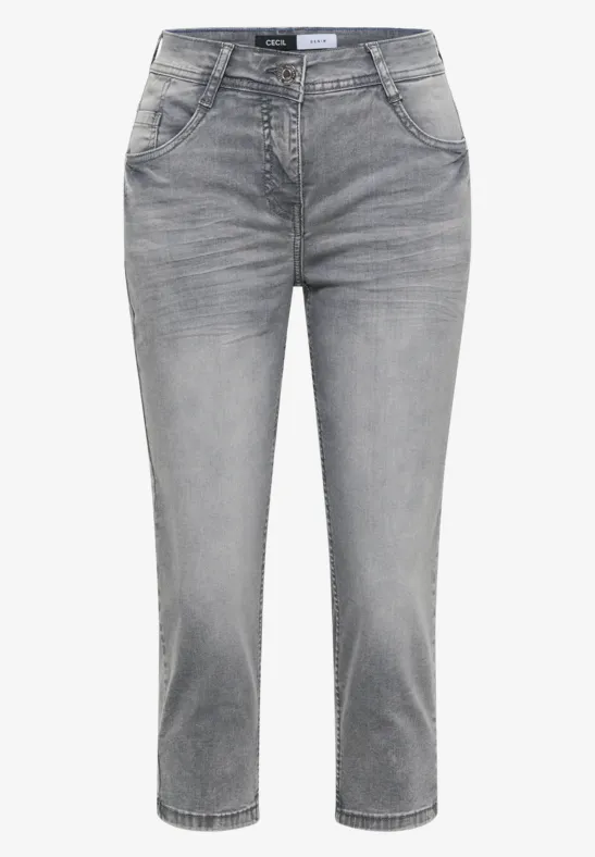Grau gewaschene, gerade geschnittene 7/8-Damenjeans mit mittlerer Taille und Taschen.