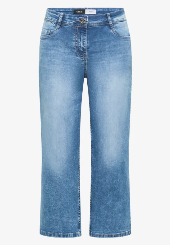 Leichte, gerade geschnittene, hellblaue Jeans mit 7/8-Beinlänge und dezentem Used-Effekt.
