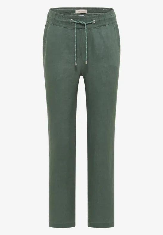 Pantalon vert foncé avec cordon à la taille, coupe droite et poches latérales