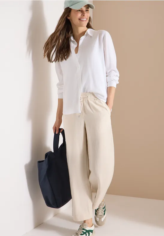 Wide Leg Pantalon Loose Fit en mélange de lin macadamia beige