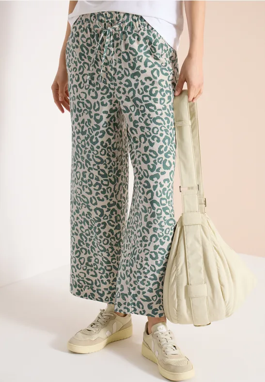 Pantalon Wide Leg en lin mélangé imprimé léopard macadamia beige