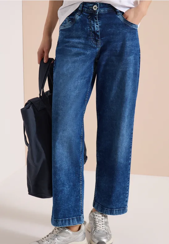 High Waist Wide Leg Jeans im Loose Fit mid blue used wash