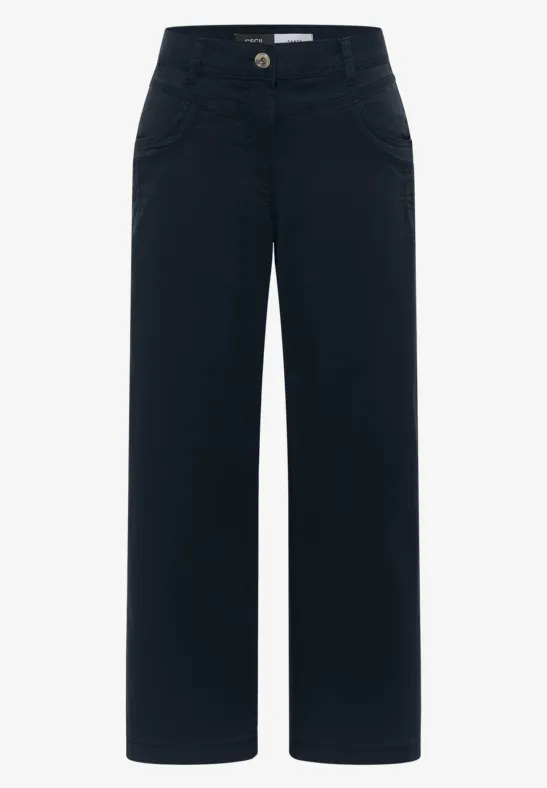 Schwarze, weite Damenhose mit hohem Bund und geradem Bein.