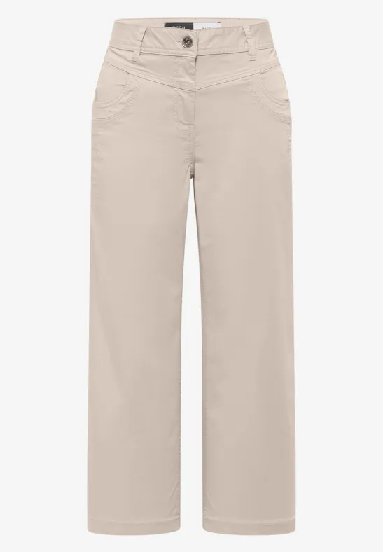Beige, weite Stoffhose mit hoher Taille, weitem Bein und seitlichen Eingrifftaschen.