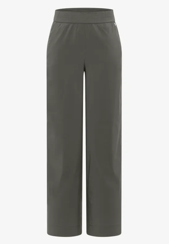 Dunkelgraue, gerade geschnittene Hose mit elastischem Bund und lässigem Look