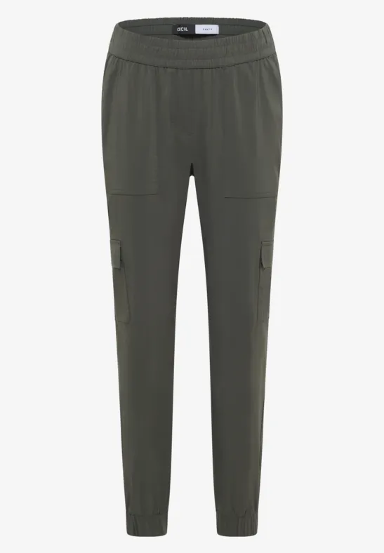 Olivgrüne Jogginghose mit elastischem Bund, Bündchen und Reißverschlusstaschen für lässigen Komfort.