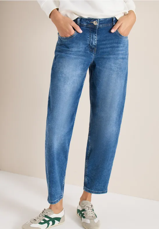 High Waist Barrel Leg Jeans im Loose Fit mid blue wash