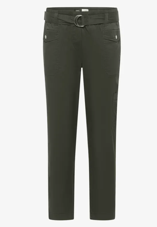 Dunkelgrüne Cargo-Hose mit Gürtel, geradem Schnitt, seitlicher Tasche und schmalem Bein.