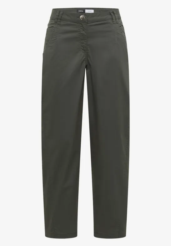 Olivgrüne, gerade geschnittene Hose mit hohem Bund und Knopfverschluss.