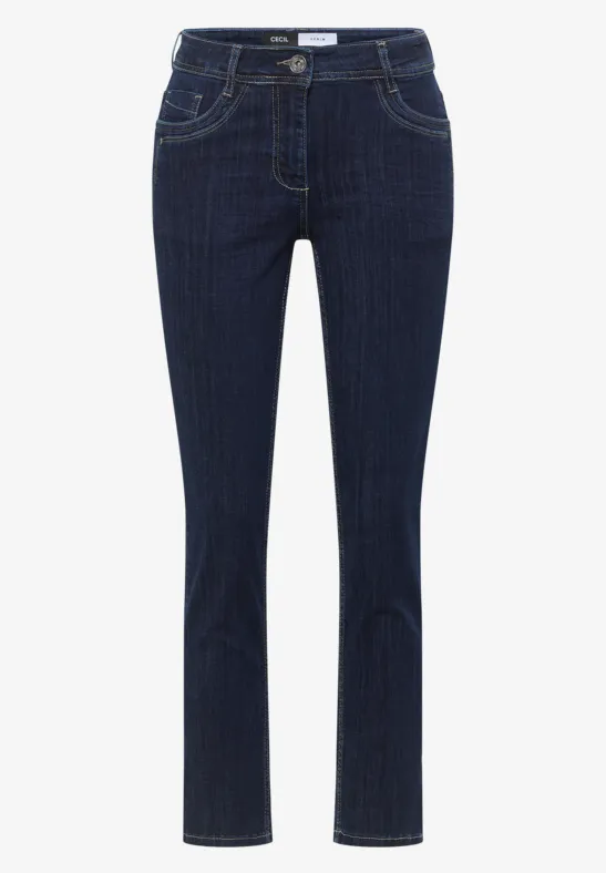 Dunkelblaue, gerade geschnittene Damenjeans mit klassischen Taschen und Nahtdetails.
